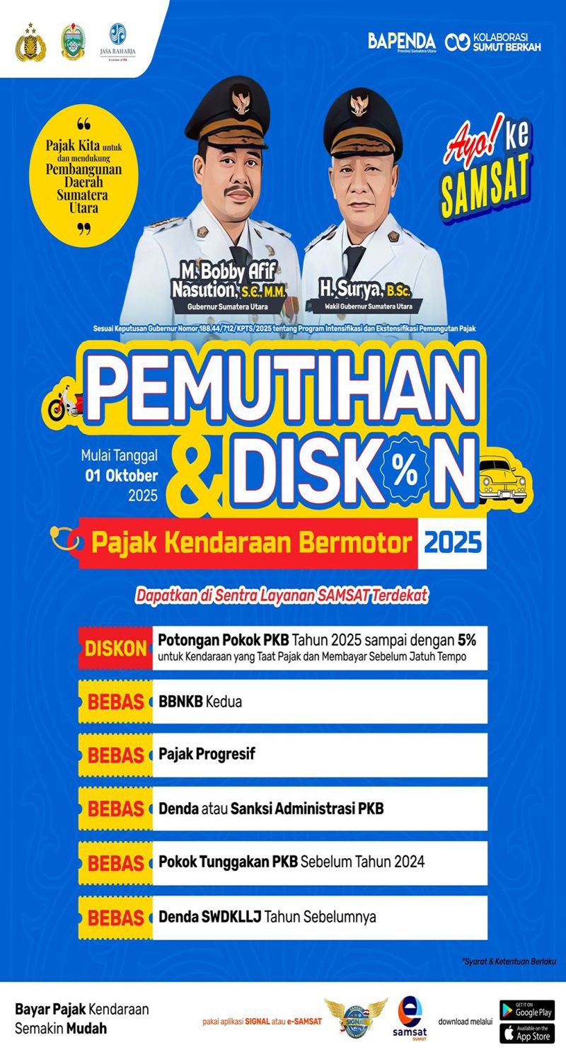 Bebas Denda, Diskon Hingga 5%: Pemutihan Pajak Kendaraan Bermotor Sumut Mulai 1 Oktober